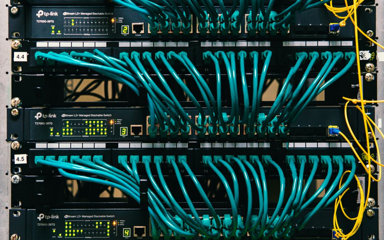 A server rack with network cables attached