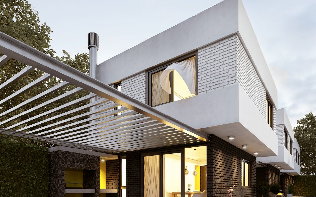 A modern house with a pergola roof